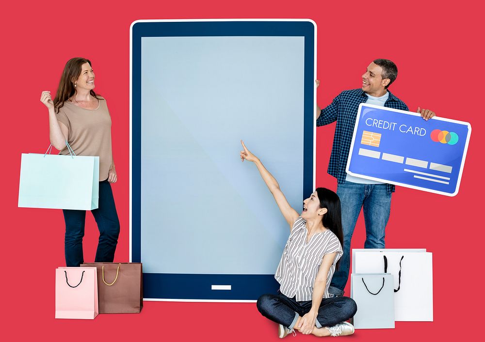 Happy people with online shopping icons
