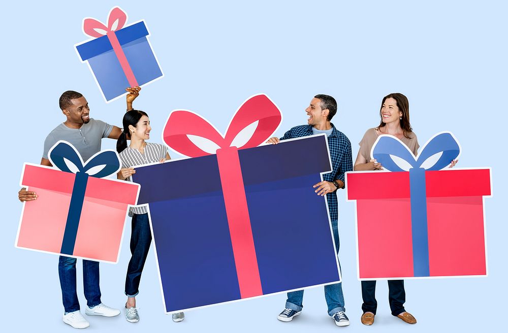 People holding gift box icons