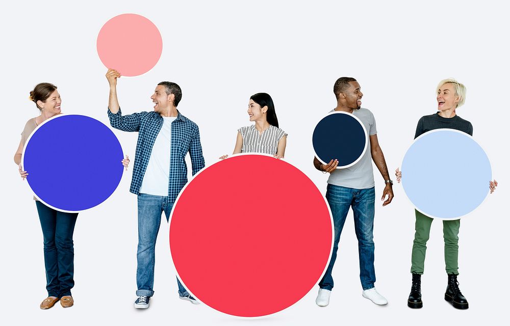 People holding circle icons with copy space