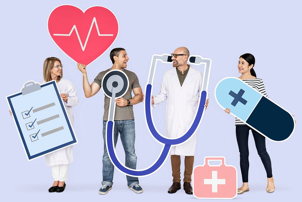 People with health checkup icons