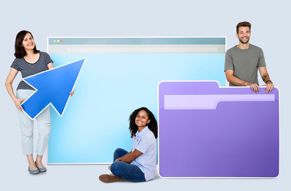People holding a webpage, a cursor and a folder icons