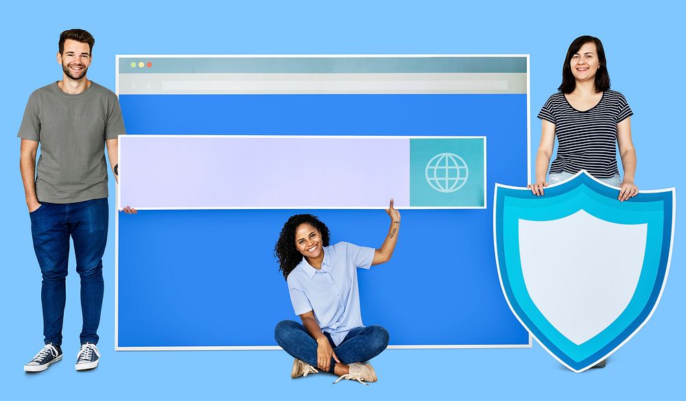 People holding icons related to the theme of internet security