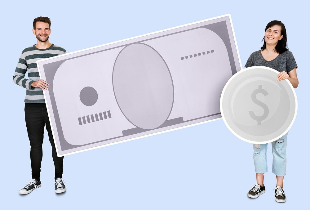 People holding icons related to money and currency concept