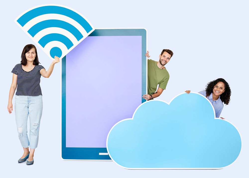 People holding a signal and a cloud icons