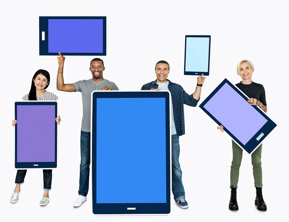 Diverse people holding digital tablet icons