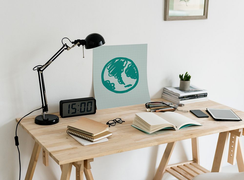 Minimal style workspace with a green globe drawing
