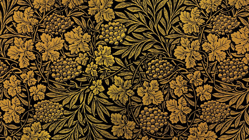 Golden floral desktop wallpaper, vintage background remix from artwork by William Morris