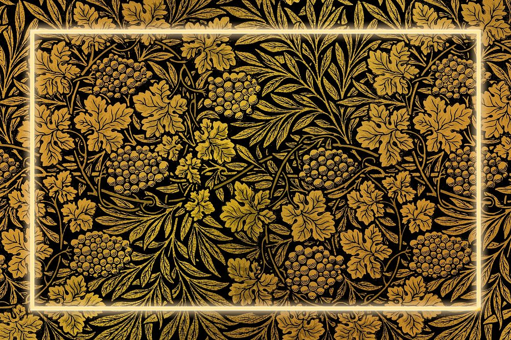 Gold botanical frame pattern psd remix from artwork by William Morris