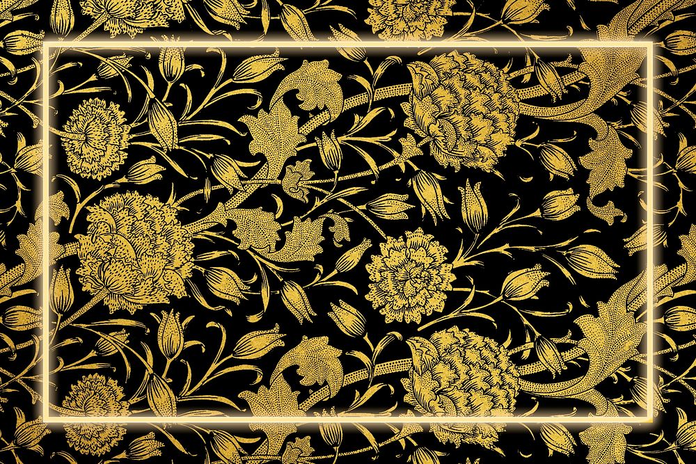 Golden botanical pattern psd frame remix from artwork by William Morris