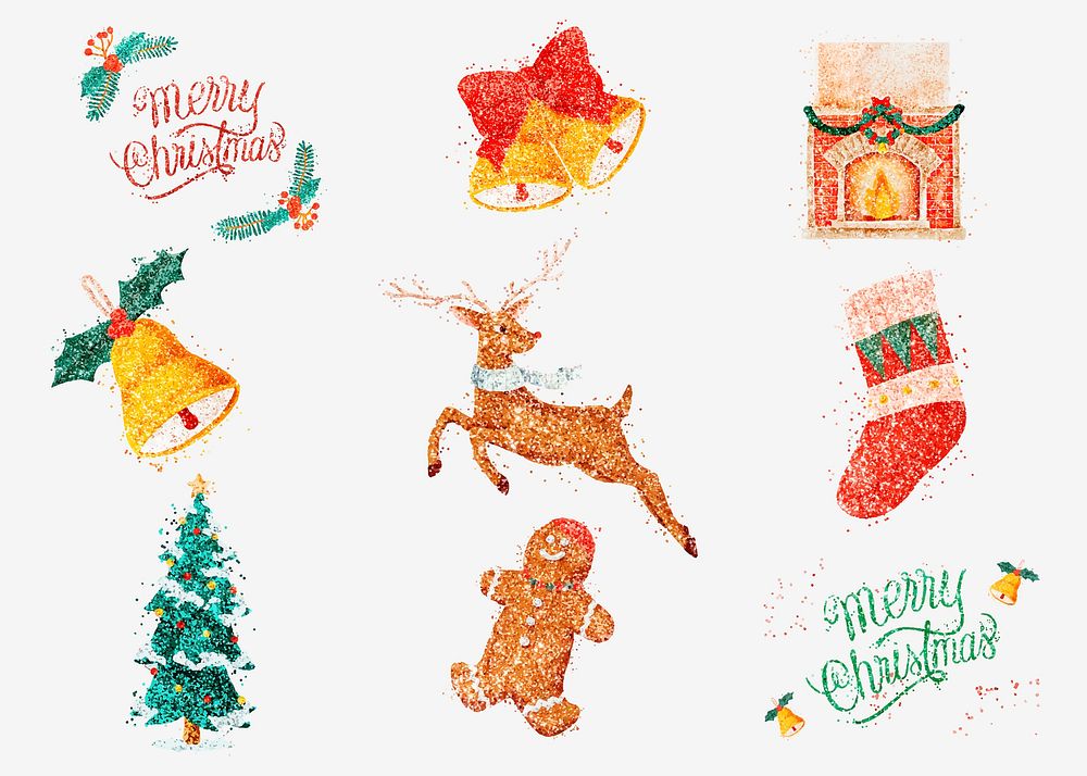 Colorful glitter hand drawn vector Christmas set