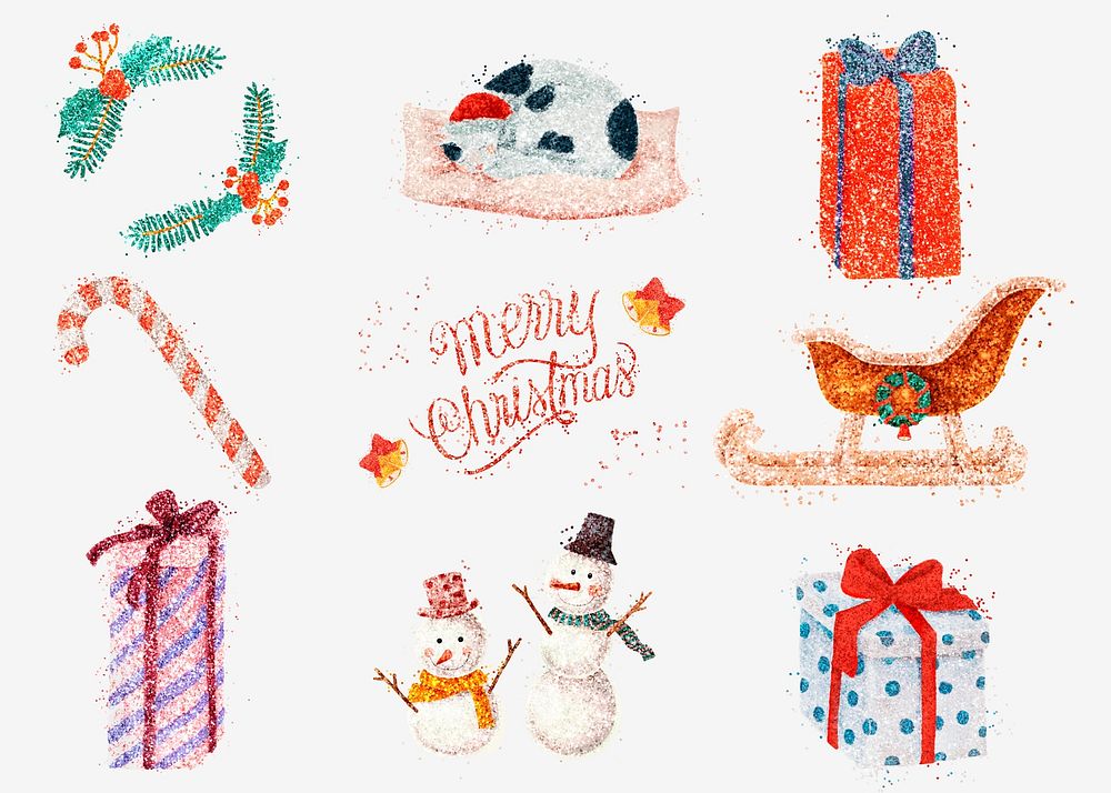 Winter glitter drawing psd Christmas set