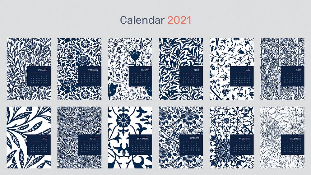 Calendar 2021 yearly editable template vector set with William Morris floral patterns