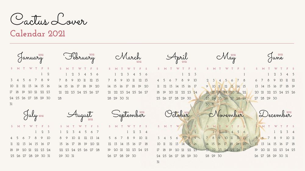 2021 calendar editable template with cactus illustration