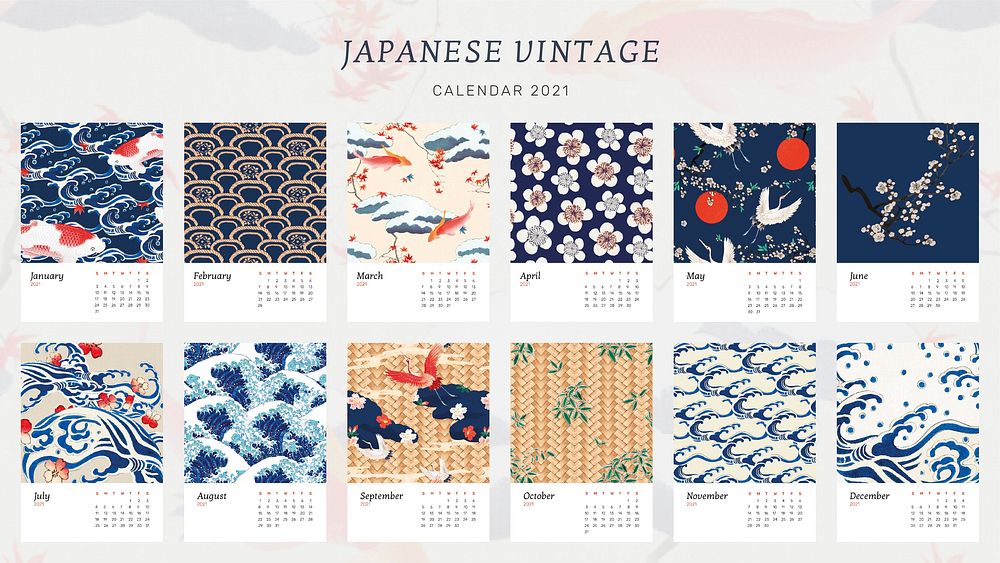 Yearly 2021 calendar editable psd with Japanese vintage artwork remix from original print by Watanabe Seitei
