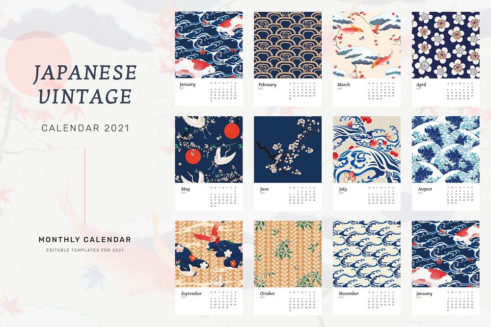 Yearly 2021 calendar editable psd with Japanese vintage artwork remix from original print by Watanabe Seitei