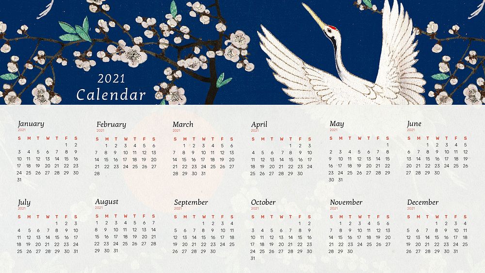 Calendar 2021 yearly printable with Japanese crane and sakura artwork remix from original print by Watanabe Seitei