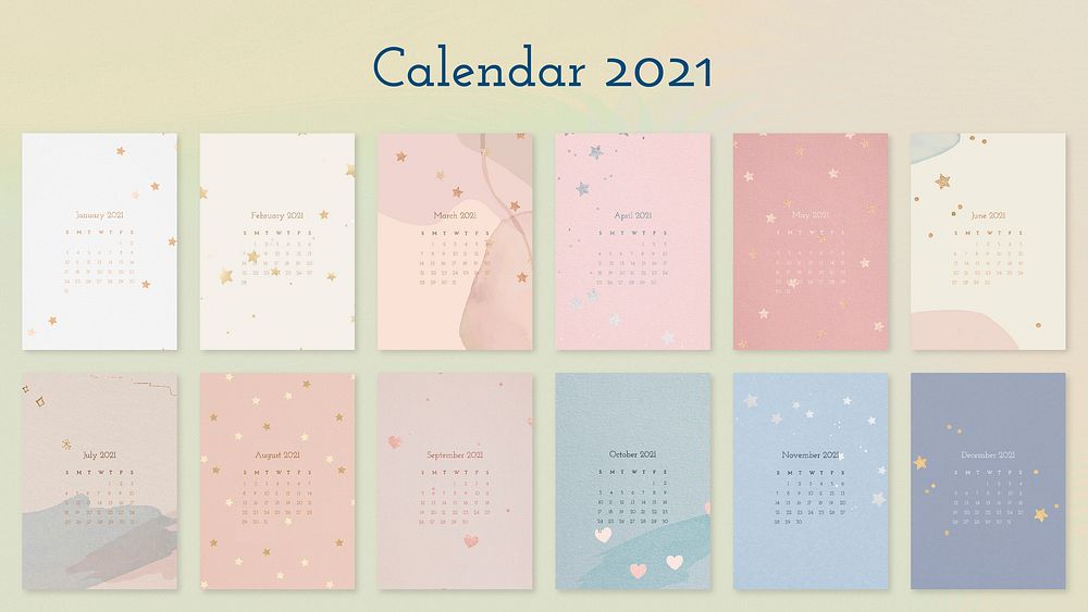 Calendar 2021 editable template psd with abstract watercolor background collection