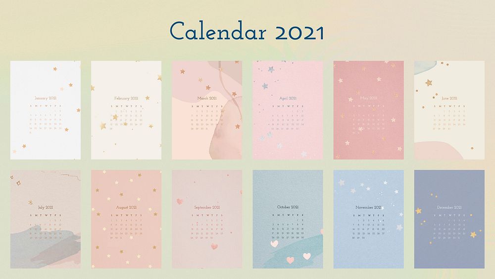 Calendar 2021 editable template vector with abstract watercolor background set