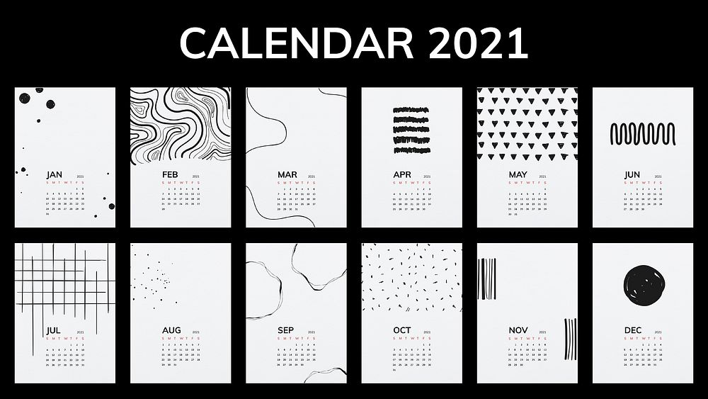Calendar 2021 yearly editable template vector with black line pattern set