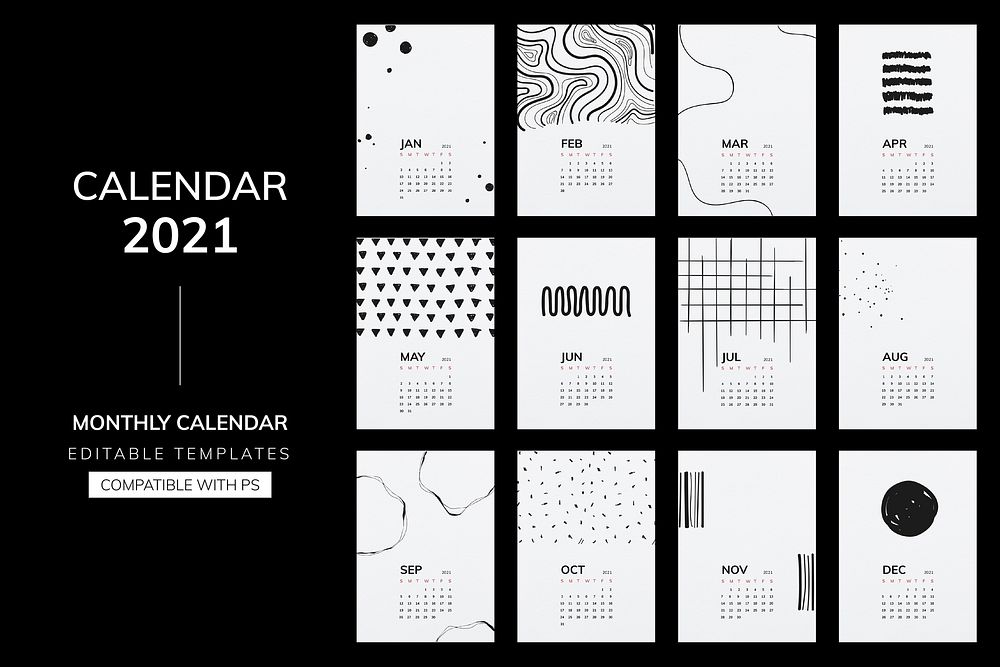 Calendar 2021 editable template psd with black pattern set