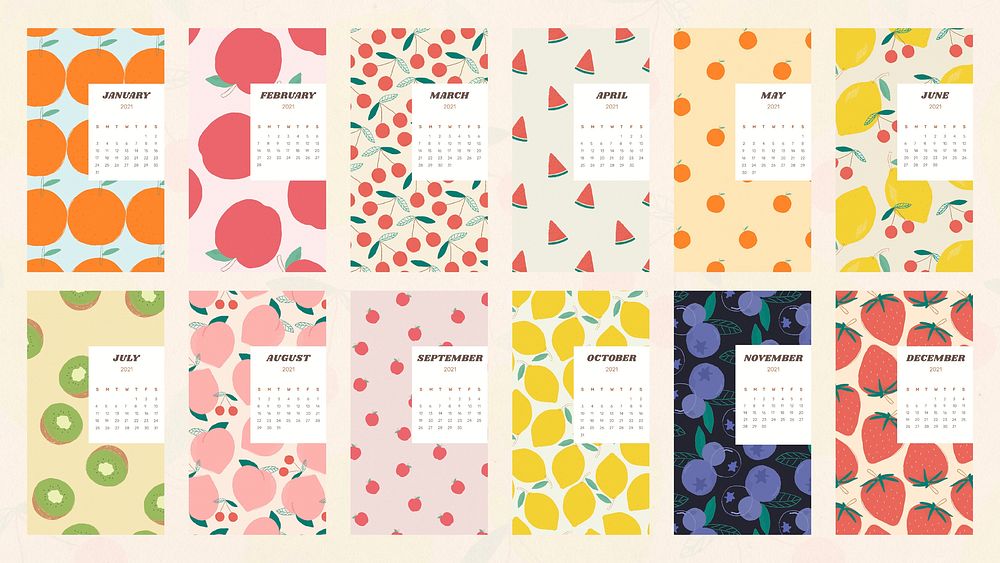 Calendar 2021 printable vector template with cute fruit background set