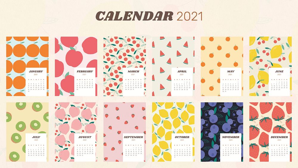 Calendar 2021 printable vector template with cute fruit background set