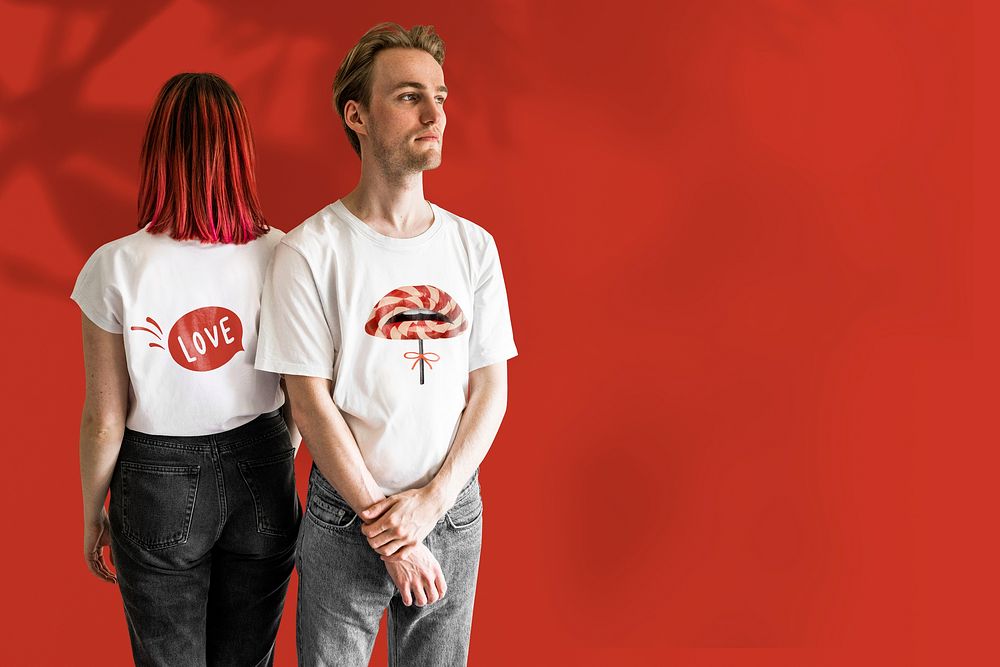 Valentine&rsquo;s day apparel mockup psd couple t-shirts lips theme