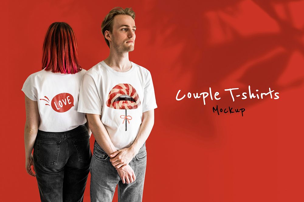 Valentine&rsquo;s couple t-shirts mockup psd red lollipop lips theme