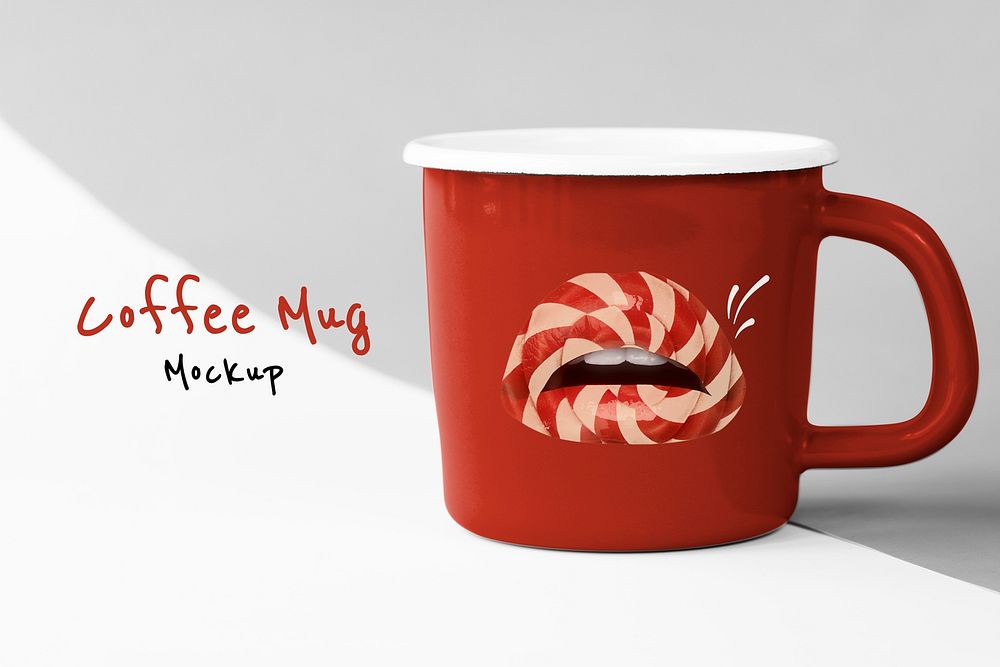 Red coffee mug mockup psd cute lollipop lips for Valentine&rsquo;s day