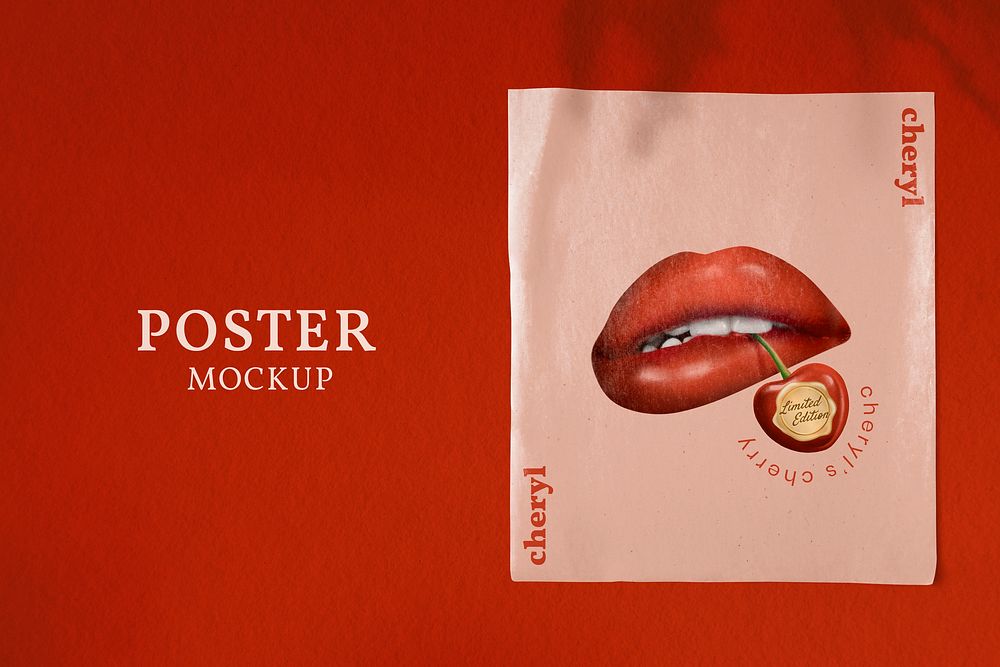 Red lips poster mockup psd for lipstick cosmetic advertisement