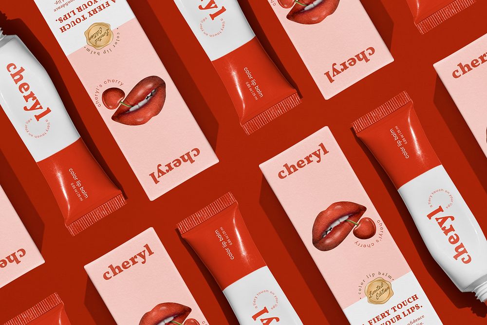 Red lipstick tube mockup psd cosmetic packaging laid out in flat lay 