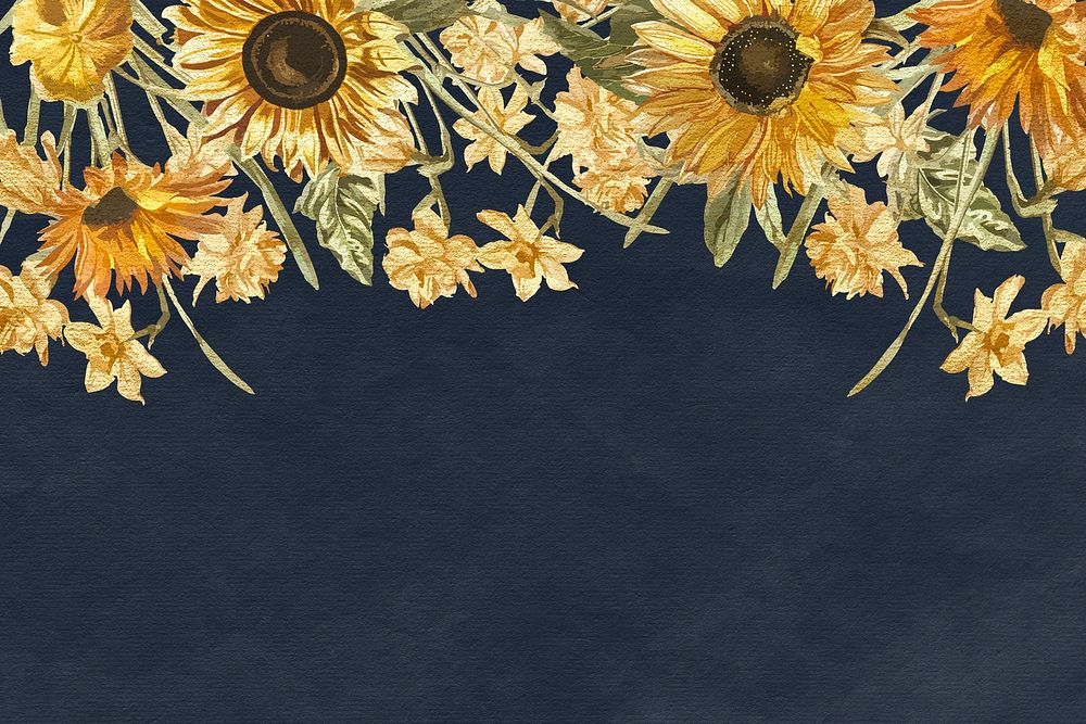 Floral navy blue background with watercolor hand painted sunflower