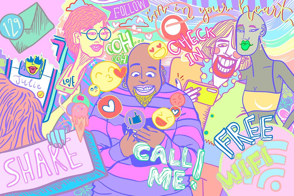Colorful social media psd doodle illustration LGBTQ pride month campaign