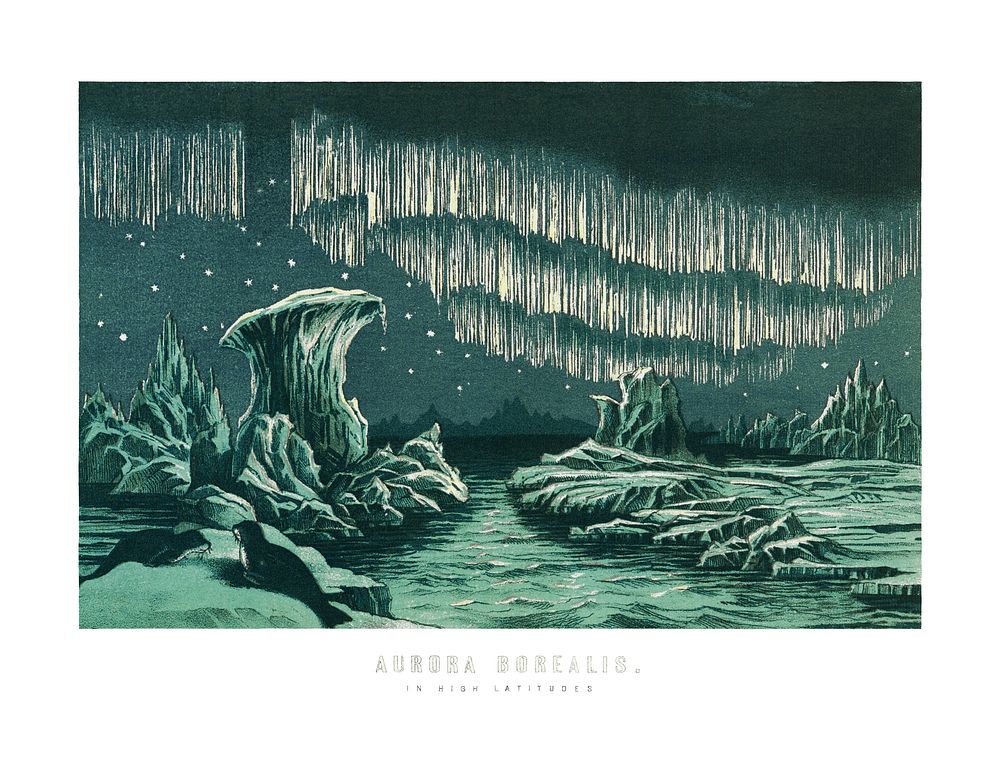 Aurora Borealis wall art, High Latitudes from the book William MacKenzie&rsquo;s National Encyclopedia (1891), a colored…