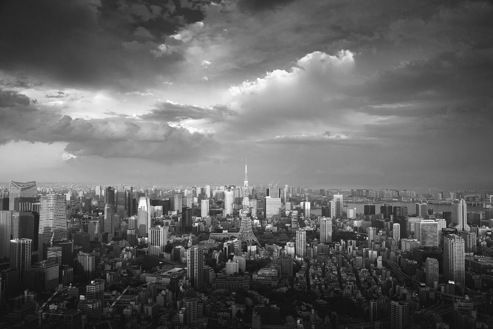Tokyo downtown background, Japan drone shot, grayscale
