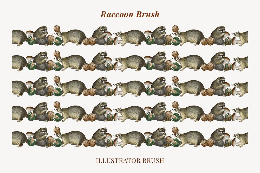 Raccoon illustrator brush vector seamless pattern set