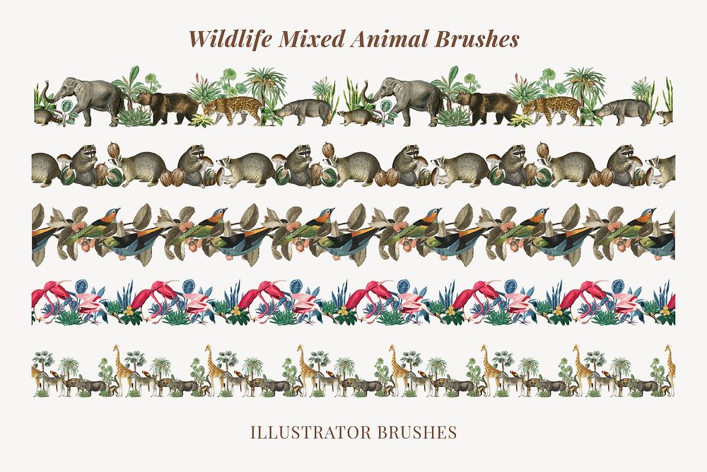 Illustrator brush, animal, vector seamless pattern set