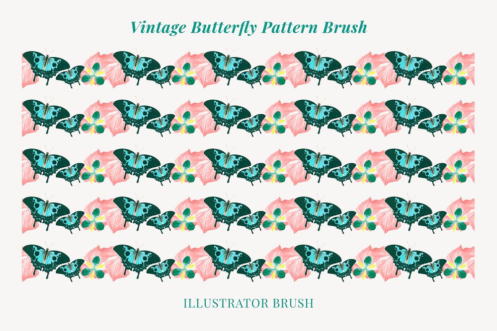 Illustrator brush, vintage butterfly, vector seamless pattern set