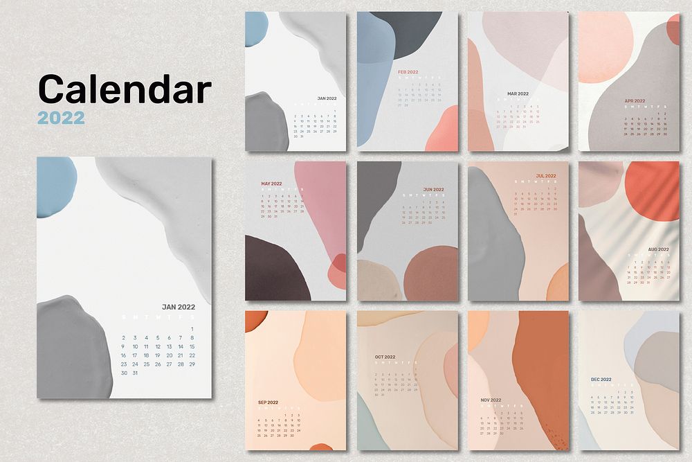 Abstract 2022 monthly calendar template, watercolor design vector set