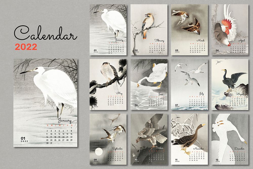 Bird 2022 monthly calendar template, vintage Japanese design vector set. Remix from vintage artwork by Ohara Koson.