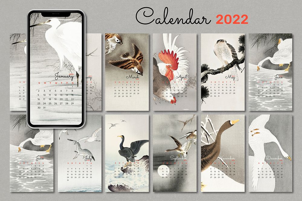 2022 monthly calendar template, vintage Japanese birds, iPhone wallpaper vector set. Remix from vintage artwork by Ohara…