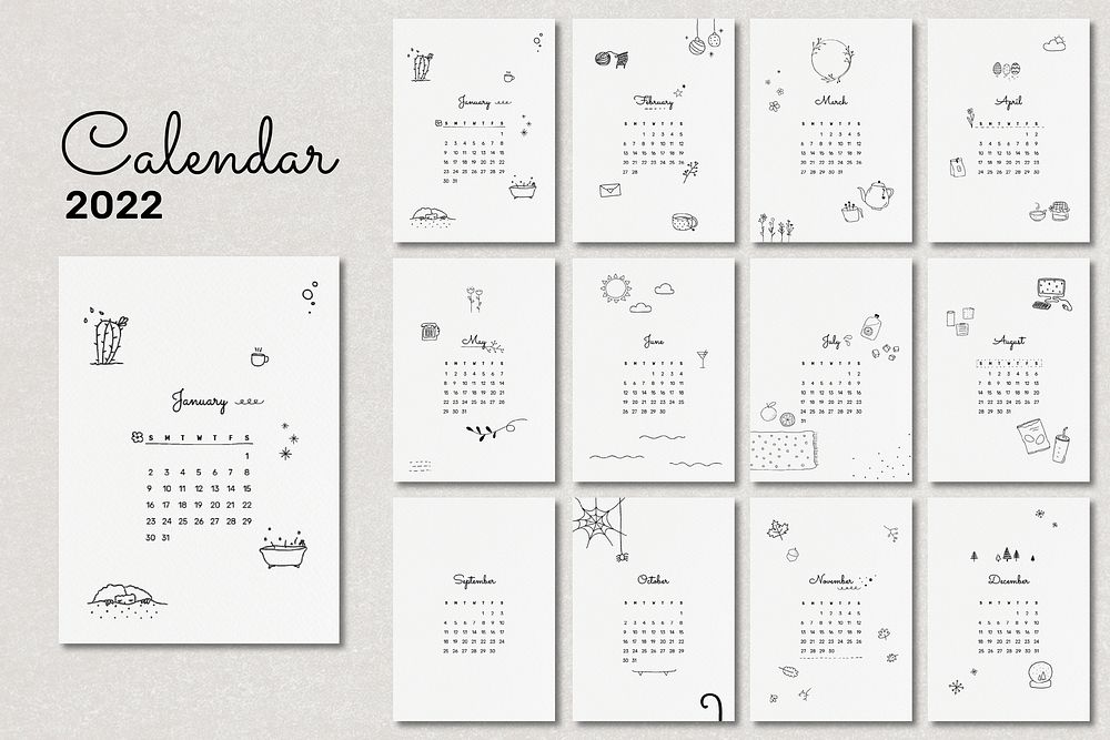 Cute 2022 monthly calendar template, minimal doodle illustration vector set