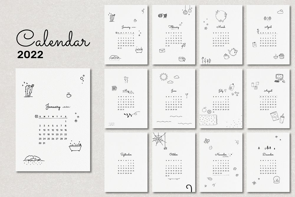 Cute 2022 monthly calendar template psd, doodle illustrations set