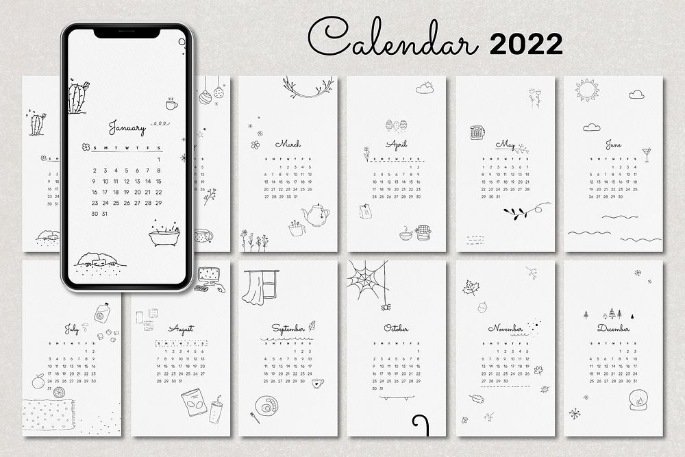 Minimal 2022 monthly calendar template, doodle illustration iPhone wallpaper vector set