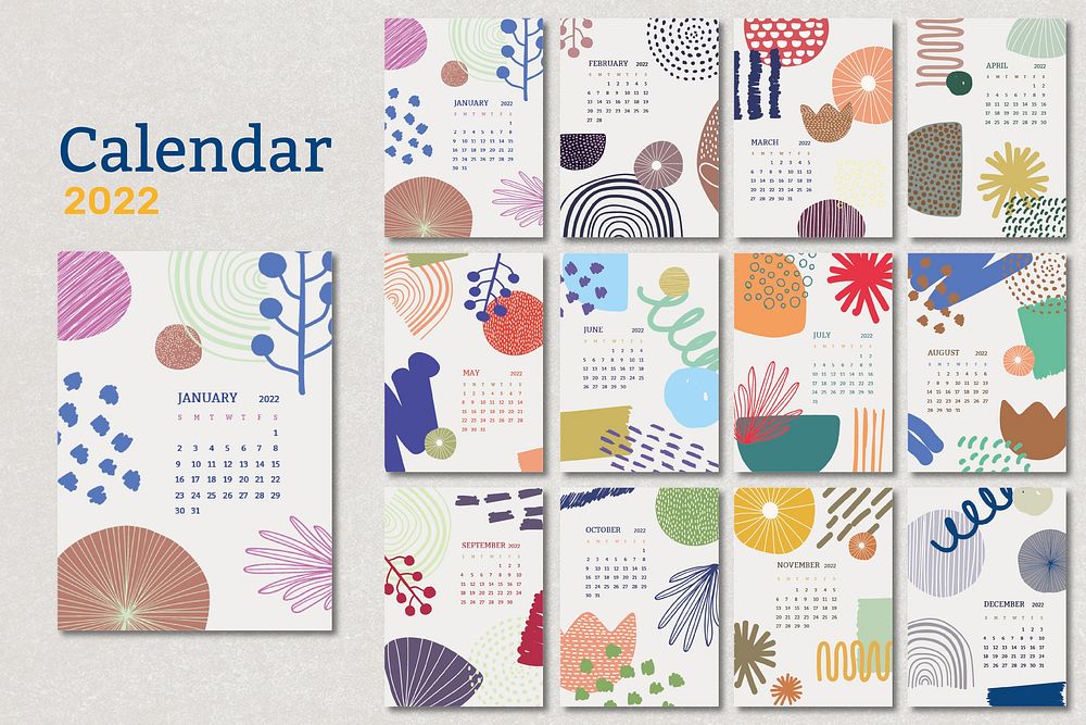 Floral 2022 monthly calendar template, abstract memphis vector set