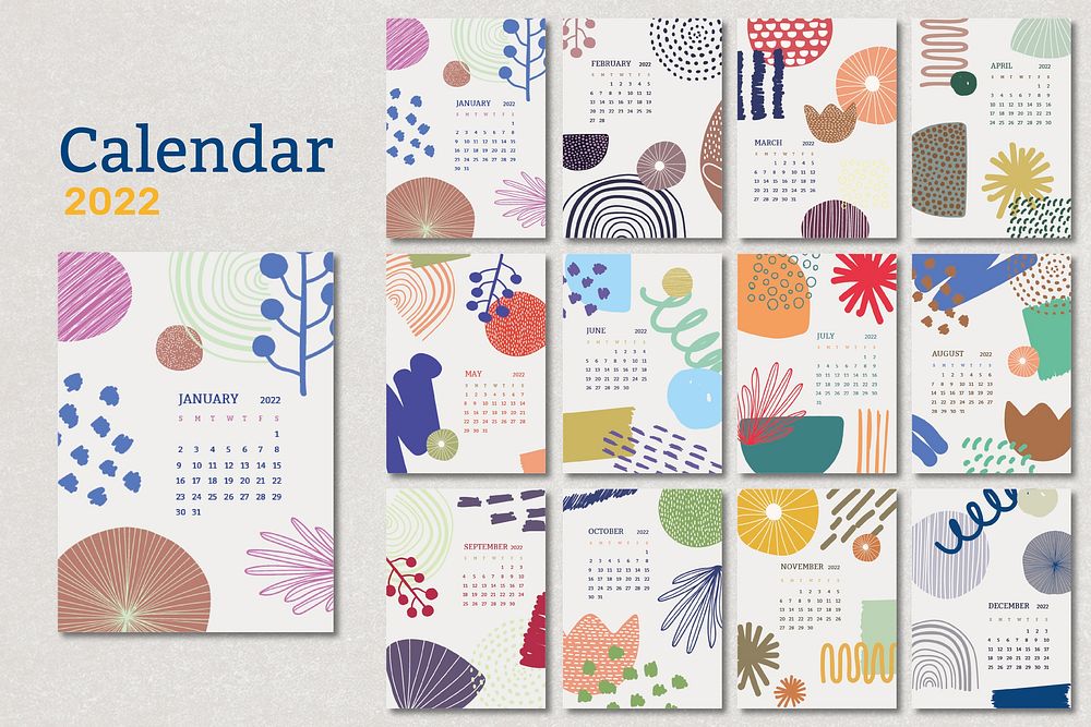 2022 monthly calendar template, floral memphis design psd set