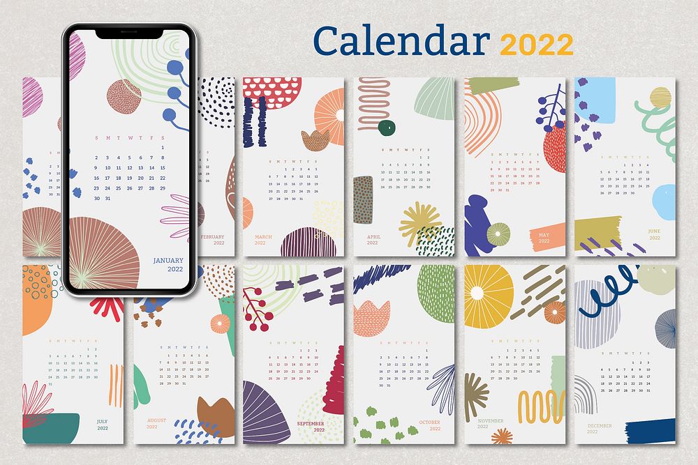 2022 monthly calendar template, floral memphis iPhone wallpaper vector set