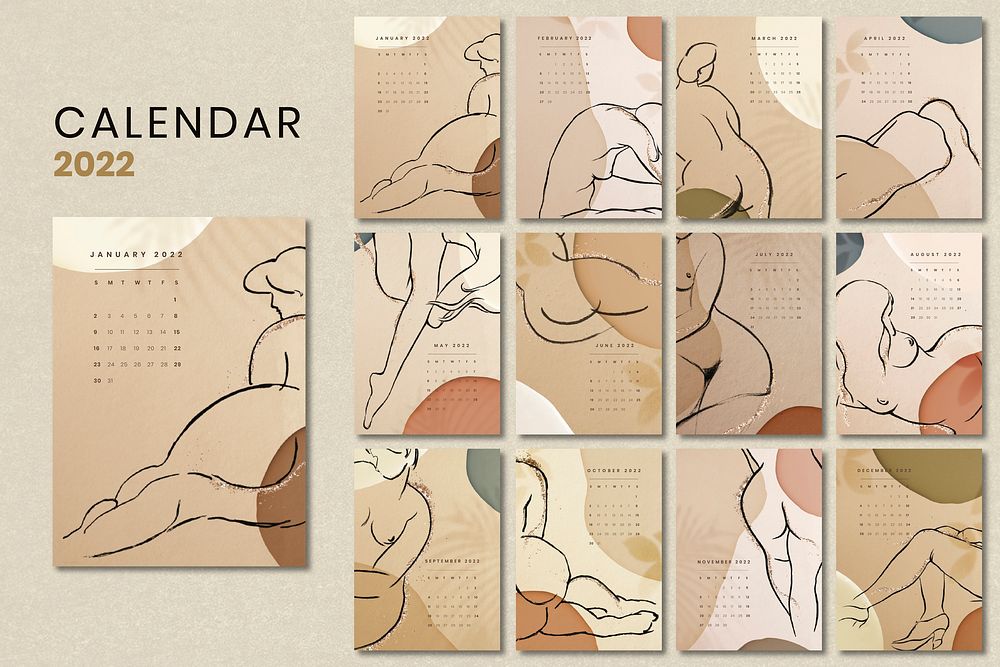 Feminine 2022 monthly calendar template psd, woman's body illustration set