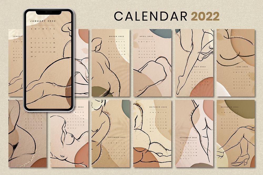 Aesthetic 2022 monthly calendar template, woman's body iPhone wallpaper vector set
