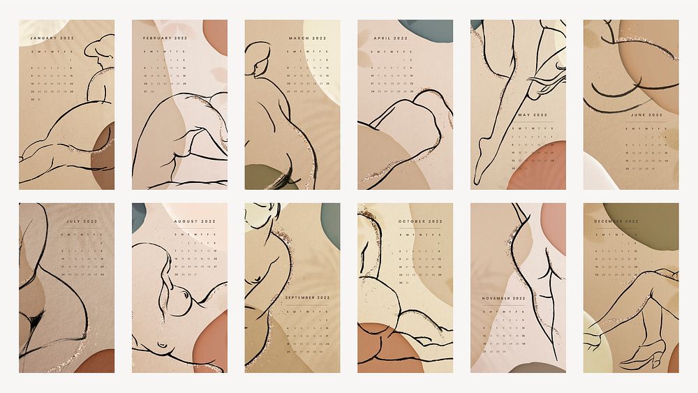 Aesthetic 2022 monthly calendar template, woman's body iPhone wallpaper vector set